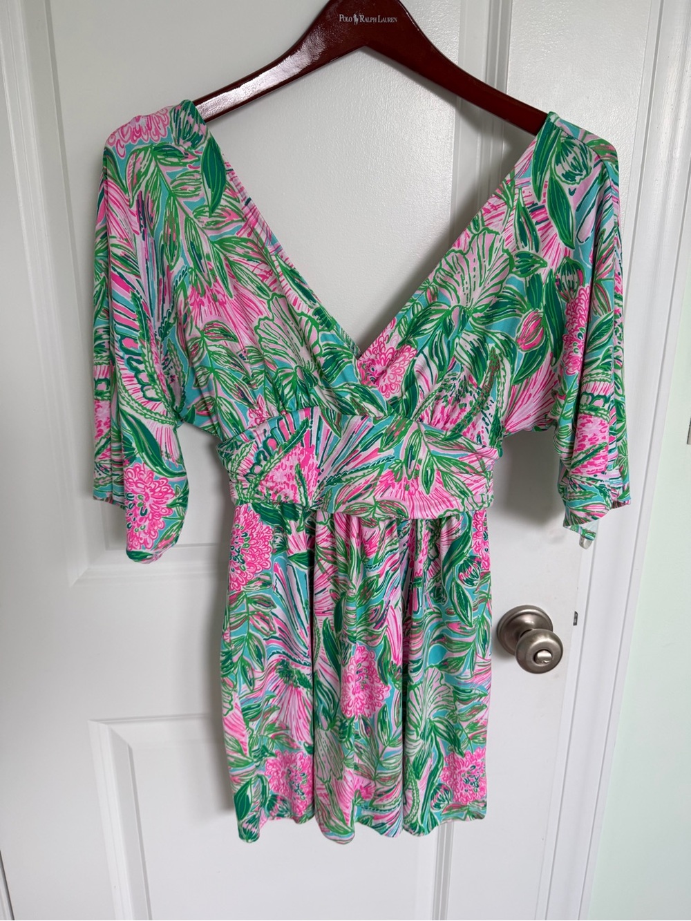 Lilly Pulitzer Romper cotton Bright Pink & Green Tropical V-Neck